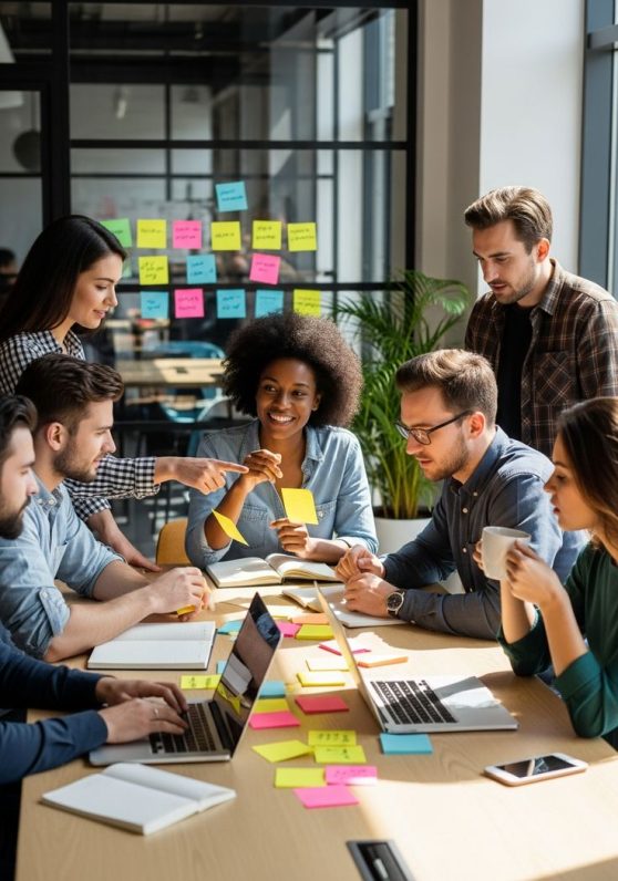 Diverse Team Brainstorm in Modern Coworking Space – Creative Business Meeting